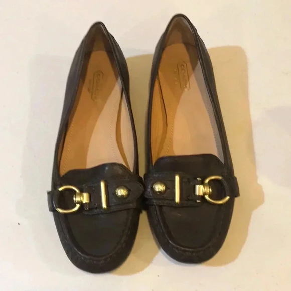 Coach Elkie Brown Leather Loafers with Gold Buckle Detailing-Size 8.5B - Picture 1 of 10